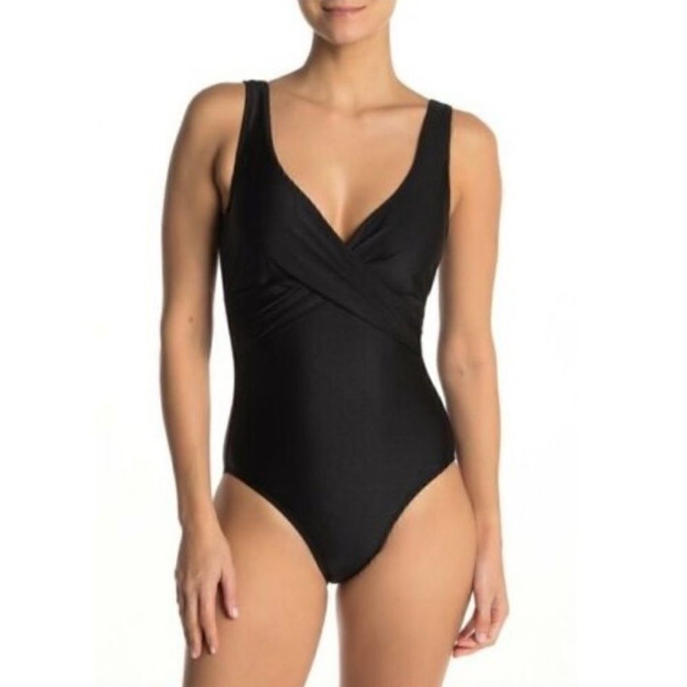 NEW Tahari UltraLuxe Surplice Wrap Ruched Swimsuit Black Size Medium
